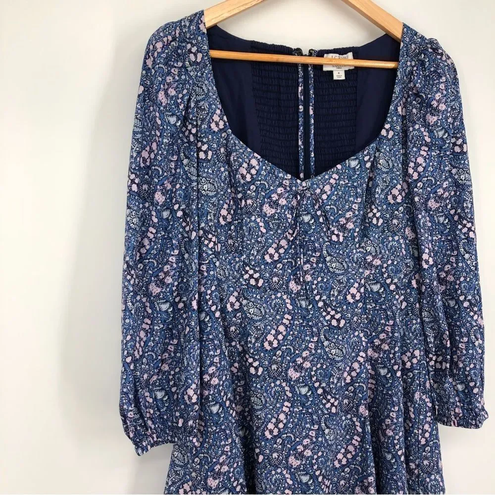 J. Crew Liberty Fabric Sweetheart Long Sleeve Mini Dress Blue Size‎ 4